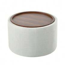 Ball & Cast Two-Piece Built-In Storage Stool Set, Footstool With Linen Cover And Wooden Shelves, Round Coffee Table And Bench 58 Cm, Beige - Beige - View 5