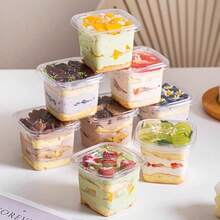 10个装可重复使用的方形甜点杯，带透明盖，透明慕斯布丁奶昔杯，耐低温易清洗餐具杯，适用于派对、野餐、咖啡馆、自助餐、芝士蛋糕、果冻等。 - 透明 - 查看 5