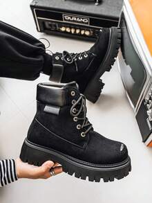 1 đôi bốt da cao cổ nam, đế dày, buộc dây kiểu punk, giúp tăng chiều cao, thích hợp cho mùa xuân, hè, thu và đông. - màu đen - Xem 11