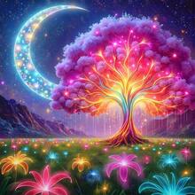New Large Size DIY Diamond Painting Kit - Night Moon Colorful Tree Pattern, Round Diamond Painting For Home Decor, Comes With High-Quality Tools And Accessories, Frameless, DIY Handcraft Kit, Diamond Painting Set - round diamond - View 1