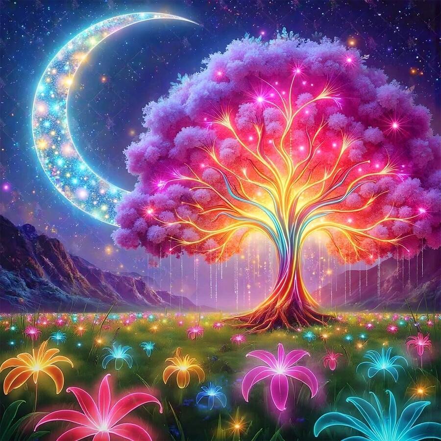 New Large Size DIY Diamond Painting Kit - Night Moon Colorful Tree Pattern, Round Diamond Painting For Home Decor, Comes With High-Quality Tools And Accessories, Frameless, DIY Handcraft Kit, Diamond Painting Set - round diamond - View 1