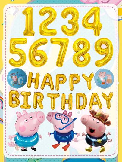 Peppa Pig Schwein Thema George Set - Aluminium Folienballons. Geburtstagsdekoration für die Familie. Aluminium Folienballon Set mit George. Goldene Nummer Aluminium Folienballons 1-9. Perfekt für Partys und Feiern.