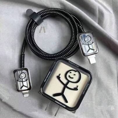 Set de 5 protectores de cable con patrón de líneas divertidas, adecuados para cargador de 18-20W, previenen la rotura del cable