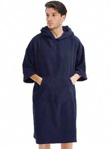 1pc Navy Blue Hooded Surf Poncho Towel, Quick Dry Beach Towel, Extra Large Adult Changing Robe With Pocket - Navy Blue - View 4