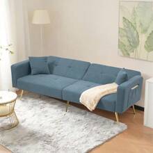 Sofa Bed With Adjustable Incline, Gold Legs, Cushions And Side Storage Pockets - Navy Blue - View 5