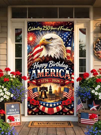 1面美国独立250周年纪念旗帜，高品质涤纶材质，印有“独立日快乐”字样，爱国主义风格，可作门廊装饰、秃鹰和自由钟图案的布艺挂饰，以“250年自由”为主题，适用于家居、庭院、派对装饰。