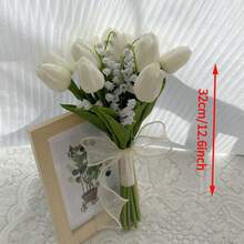 Realistic Touch, Suitable For Bride, Bridesmaid Wedding, White Calla Lily & Tulip Handmade Artificial Bridal Bouquet, Wedding Accessory - White - View 6