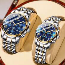 Bộ 2 đồng hồ đôi, mặt số bạc, dây đeo thép không gỉ mạ vàng, vạch số La Mã, hiển thị lịch, chống nước 50M, unisex, máy quartz chính xác, chất lượng cao, quà tặng cho ngày Valentine, kỷ niệm ngày cưới, thi cử, tựu trường. - Màu xanh lam - Xem 9