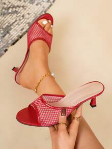 SRSOO 2026 New Spring/Summer High Heel Thin Heel Mesh Slip-On Sandals, Women Open Toe Comfortable Beach Hollow-Out - Red - View 1