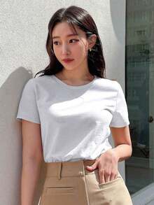Camiseta De Mujer Con Cuello De Tripulación Y Manga Corta unicolor - Blanco - Ver 4