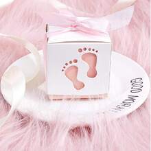 25 hộp quà tặng tiệc tiết lộ giới tính em bé, thiết kế hình dấu chân, màu hồng, xanh dương, xanh lá cây kèm ruy băng. - A - Xem 2