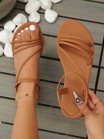 Women's Summer New French Retro Thin Strap Fashion Versatile Comfortable Elegant Peep Toe Flat Sandals, Suitable For Commuting And Casual Wear