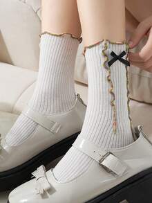 1 Pair Women's Mid-Calf Socks, Solid Color Minimalist Lace Trim Ankle Socks, Ruffle Edge Short Socks With Bow Design, Essential For Casual Daily Wear - Multicolor - View 9
