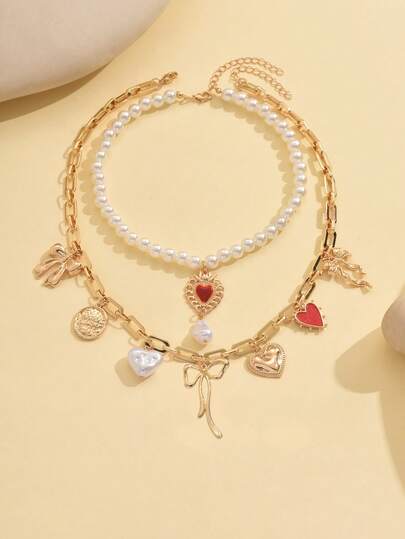 2pcs Delicate Luxury Faux Pearl Beaded Bow & Heart Decor Chain Necklace Set, Suitable For Girls To Wear To Parties, Music Festivals, And Daily Occasions