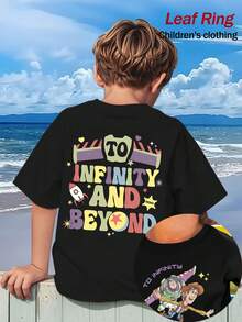 Disney Buzz And Woody Fly Side By Side, Accompanied By The Classic Line "TO INFINITY And Beyond", Filled With A Sense Of Adventure Print Pattern Summer Tops,Short-Sleeved Casual And Cute Style  Children's Clothing Design, Boy Clothes For Kids ,Ropa Para Niños,Boy Clothes For Kids,Graphic Tee, Summer Clothes,Perfect For Cool Boy. Comfortable And Breathable Children's Short-Sleeved T-Shirt. Comfortable And Casual Wear All Year Round 180g Pure Cotton Children's Clothes,Comfortable & Lightweight, Iconic Print For Mix-And-Match Outfits,Suitable For Both Boys And Girls. - Black - View 1