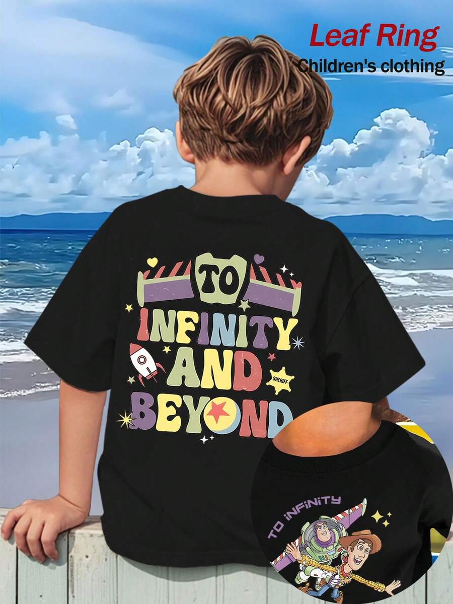 Disney Buzz And Woody Fly Side By Side, Accompanied By The Classic Line "TO INFINITY And Beyond", Filled With A Sense Of Adventure Print Pattern Summer Tops,Short-Sleeved Casual And Cute Style Children's Clothing Design, Boy Clothes For Kids ,Ropa Para Niños,Boy Clothes For Kids,Graphic Tee, Summer Clothes,Perfect For Cool Boy. Comfortable And Breathable Children's Short-Sleeved T-Shirt. Comfortable And Casual Wear All Year Round 180g Pure Cotton Children's Clothes,Comfortable & Lightweight, Iconic Print For Mix-And-Match Outfits,Suitable For Both Boys And Girls. - Black - View 1