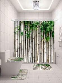 1pc Bamboo Print Shower Curtain, Zen Japanese Natural Bamboo Design, Elegant Beige Color Home Decor Bathroom Set With Hooks, Durable Polyester Fabric, Machine Washable, 180cm/70.86in - Multicolor - View 5