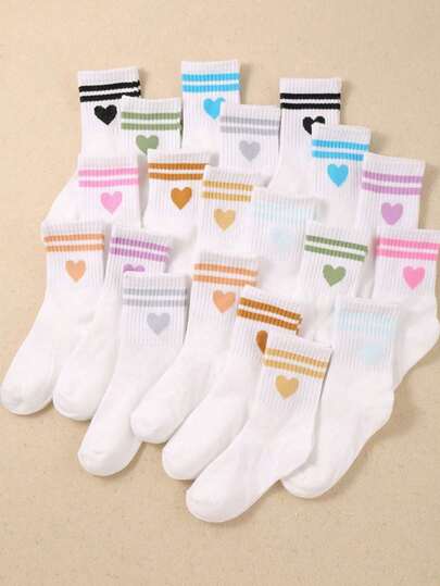 1/5/10 คู่ ถุงเท้าลำลองครึ่งแข้งสำหรับผู้หญิง ลายหัวใจและลายทางคู่ ถุงเท้ากีฬาที่นุ่มสบายสำหรับทุกเพศ เหมาะสำหรับใส่ในชีวิตประจำวัน