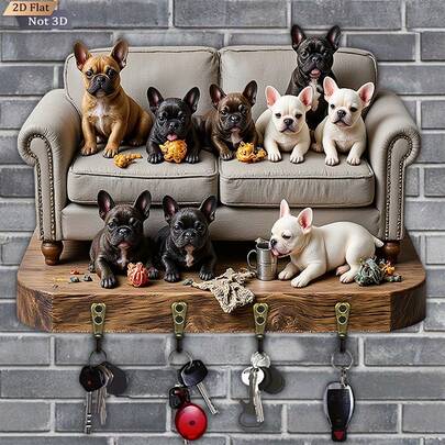 2D Flat Plane, 1pc, French-Style Bulldog Puppy Key Hook, Wooden Multi-Functional Home Door Key Hook With Four Metal Hooks, Wall Decoration, Porch Decoration, Room Decoration, Villa Decoration, Four Seasons Home Hanging Ornament