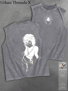 Cotton Washed Crew Neck Tank Top, Anime Character Art Print, Vintage Washed Craft, Daily Casual Outfit - 深灰色 - 查看 1