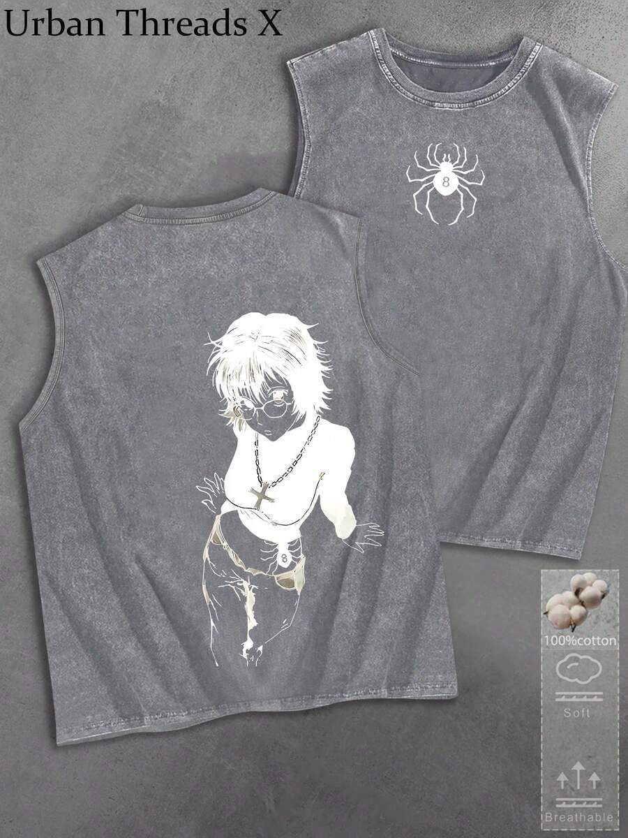 Cotton Washed Crew Neck Tank Top, Anime Character Art Print, Vintage Washed Craft, Daily Casual Outfit - 深灰色 - 查看 1