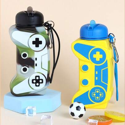Bình nước trẻ em 600ml có tay cầm gập gọn, chất liệu silicon bạch kim, bền chắc, chống rơi vỡ, có móc khóa, nắp kín chống rò rỉ | Thích hợp làm quà tặng cho lễ Eid, Ramadan, tựu trường, lễ Phục sinh, Giáng sinh, phù hợp cho cả bé trai và bé gái thích chơi game.