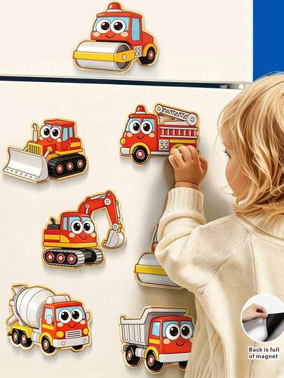 1/6个可爱交通主题卡通冰箱贴 - 包含各种车辆、汽车和消防车 - 采用耐用亚克力材质，适用于厨房、办公室、白板、冰箱、储物柜、儿童房装饰