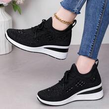 Nuevos zapatos casuales transpirables, parte superior de malla con lentejuelas, cómodas zapatillas con plataforma para mamás - Negro - Ver 6