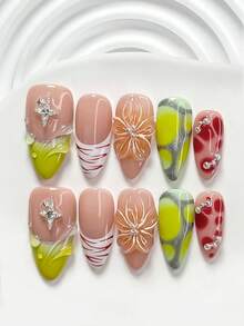 10件套法式手工美甲套装，银色星星和珠子装饰，3D立体花卉雕刻，撞色和交错线条设计，黄绿色、红色和白色指甲油，柔和复古撞色风格 - 彩色 - 查看 3