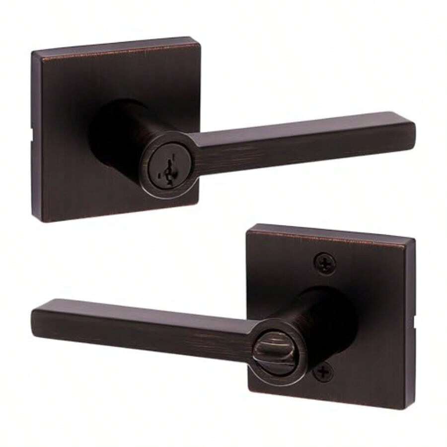 Kwikset Halifax - Manija de puerta de entrada con cerradura y llave palanca reversible con llave segura exterior para entrada frontal y dormitorios bronce veneciano resistente a la púa Smartkey - Bronce veneciano - Ver 1