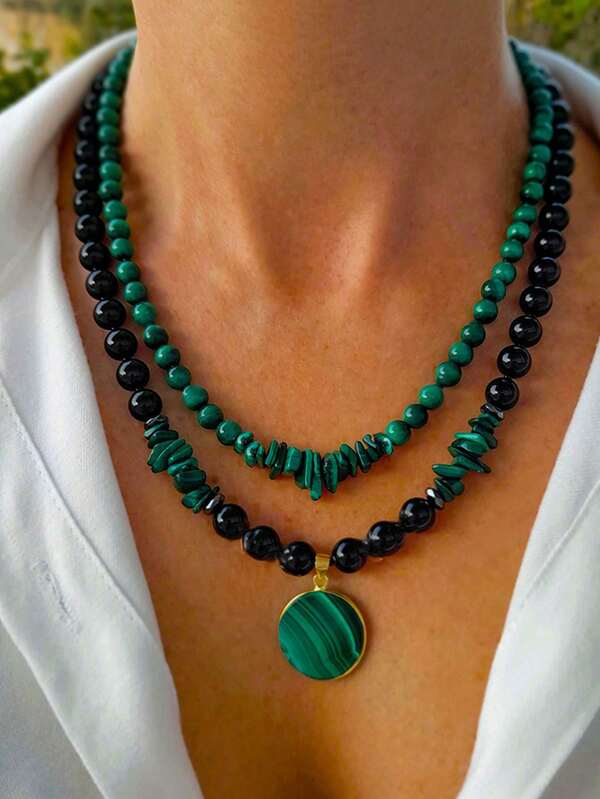 2pcs/Set Handmade Turquoise Layered Necklace For Women, Personalized Natural Stone Big Bead Multiple Pendant Jewelry Set, Mother's Day Gift