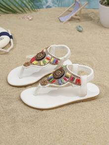 1 Pair Summer Kids Flat Sandals, Elastic Slip-On-On Toe-Divided Design Outdoor Children Shoes - White - View 6
