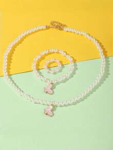 女孩蝴蝶珍珠首饰套装 3 件套 梦幻设计项链手链戒指耳环 可爱派对礼品 - 彩色 - 查看 3