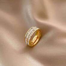 1入組高端不褪色不掉期 Cz 鑲嵌滿星單 / 雙排鑽石指環,時尚百搭適用於情侶,四季皆宜 - 雙圈金色 - 查看 14