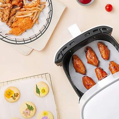 100片/50片圆形和方形不粘烘焙纸，适用于空气炸锅 | 一次性防油烘焙垫，适用于烤箱和空气炸锅 | 易于清洁，预裁切烘焙纸，家用