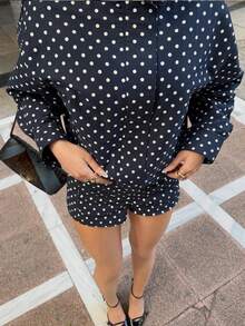 Women's Fashion Fitted High Collar Long Sleeve Short Jacket, Polka Dot Print Casual Bomber Jacket, New Style Spring - Royal Blue - View 4