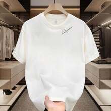 Nuevas camisetas populares de moda europea, marca de lujo ligero, camiseta de hombre de manga corta, juvenil, sencilla, estampada, de algodón puro, cuello redondo, corte holgado, media manga. - [Firma con letra asimétrica en el cuello] Negro - Ver 3