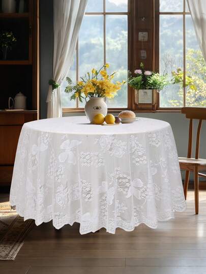 1 szt. Biały okrągły obrus z motylem i kwiatem, koronkowy obrus w stylu europejskim, rustykalna dekoracja weselna, akcesoria ślubne, dekoracje urodzinowe, dekoracje na baby shower, dekoracje stołu jadalnego, obrus na imprezę, dekoracja letnia, dekoracja stołu