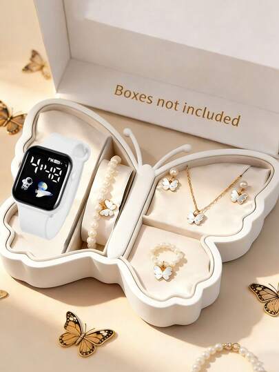 Set de 6 piezas de reloj digital LED de moda para niños + collar, pulsera y aretes con mariposa, correa de silicona, caja de plástico, sin caja de regalo, talla única, uso diario, regalo del Día de San Valentín