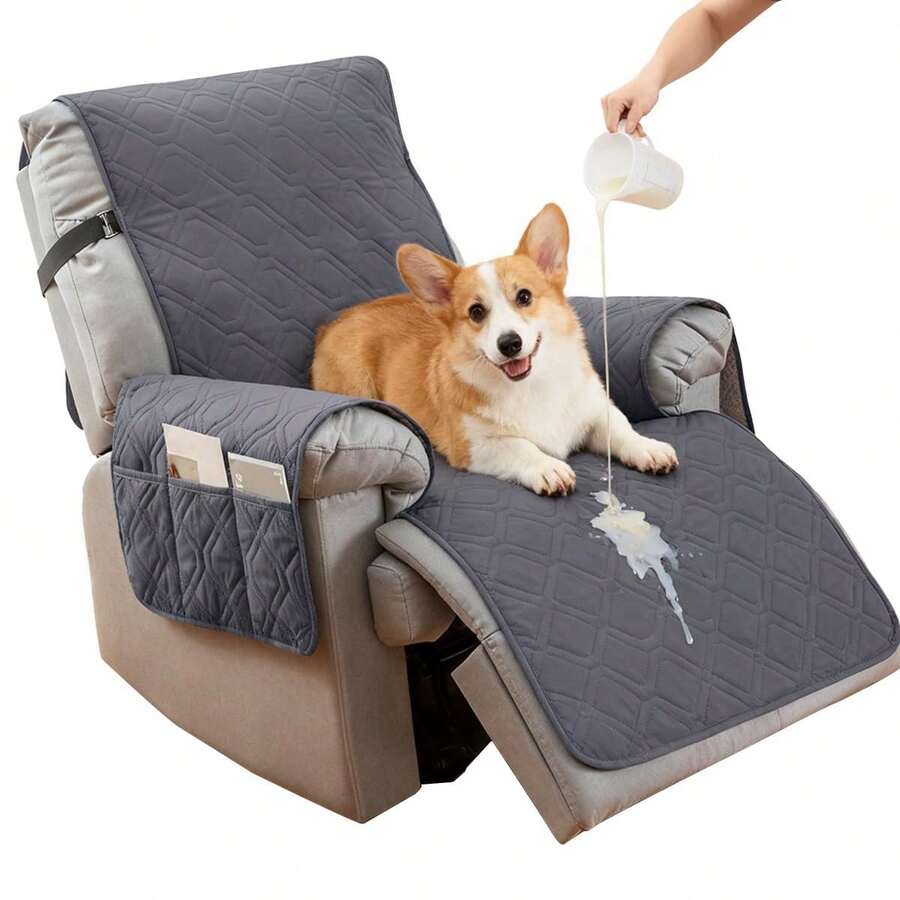 Cubre Sillones Impermeable Reclinable Elástico, Funda de Sillón Reclinable Ajustable, Funda de Sofá Antideslizante, Protector de Sofá Lavable con Bolsillo para Perros y Mascotas - Gris Oscuro - Ver 1