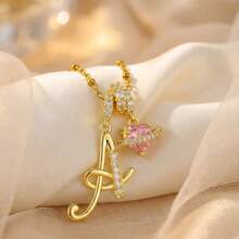 1pc Minimalist Cute Cubic Zirconia Pink Heart Gemstone Personalized Handwritten Letter Pendant Necklace, Stainless Steel Material, Fashion Casual, Customized, Unique Gift For Girlfriend, Mom, Vintage Minimalist, Unisex, Casual Cute, Customizable, Ideal Gift For Him/Her, Boyfriend, Girlfriend, Dad, Mom, Family - 彩色 - 查看 4