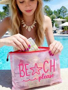防水時尚海灘包，印有「Beach Please」海星圖案。大容量透明化妝包配尼龍拉鍊 - 輕量，適合春夏收納，完美適用於游泳、海灘、潛水和夏季度假、返校，輕量防曬收納包，適合朋友、家人、閨蜜、同學。生日、節日、派對、婚禮（伴娘）、教師節的完美禮物與紀念品，郵輪必備，夏季度假禮物 - 彩色 - 查看 4