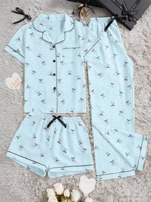 3件套女士休闲宽松蝴蝶结波点印花口袋前开襟纽扣短袖上衣和短裤/长裤睡衣套装，春夏款 - 淺藍色 - 查看 3