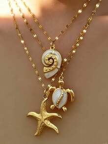 Znice 2026 New 18K Gold Plated Stainless Steel Ocean Series Starfish, Turtle, Shell Enamel Pendant Necklace, Suitable For Layering, Single Wear, Beach Vacation, Mother's Day Gift, Valentine's Day Gift, Durable Jewelry, Waterproof And Fade-Resistant - Gold - View 4