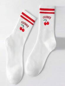 1 Pair Cherry Print Mid-Calf Socks With Colorful Striped Ribbed Details, Soft & Durable Material, Essential For Autumn, Designed For Women - Red - View 2
