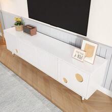 TV Cabinet With A Grid-Like Structure, Concealed Handle, And Gold Finish. Living Room Furniture. Two Solid Wood Doors. - White - View 2