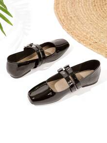 Zapatos Mary Jane planos y poco profundos con doble hebilla, adecuados para faldas y uso diario - Negro - Ver 4