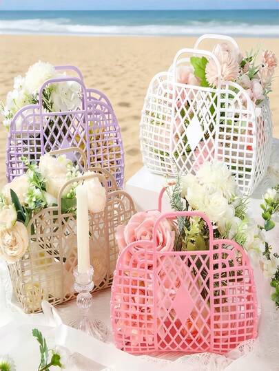 Colorful Jelly Bean Basket Beach Bag - Reusable Plastic Easter Egg Holder, Suitable For Both Women And Men, Durable Handbag, Perfect For Shopping, Picnics, Beach Trips, And Picnic Essentials | Fun Design | Strong Handle