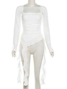 YeonC Mesh Long Sleeve Square Neck Fitted Tassel Patchwork Solid Color Versatile Blouse - White - View 12