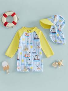 Toddler Baby Boy Swimsuit With Sun Hat Set Printed Long Sleeve Rash Guard Half Zip-Up Bathing Suits - Yellow - View 6